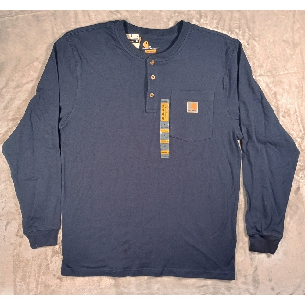 Carhartt Henley Shirt Mens Medium Navy Blue Long Sleeve K128 Workwear FLAWS